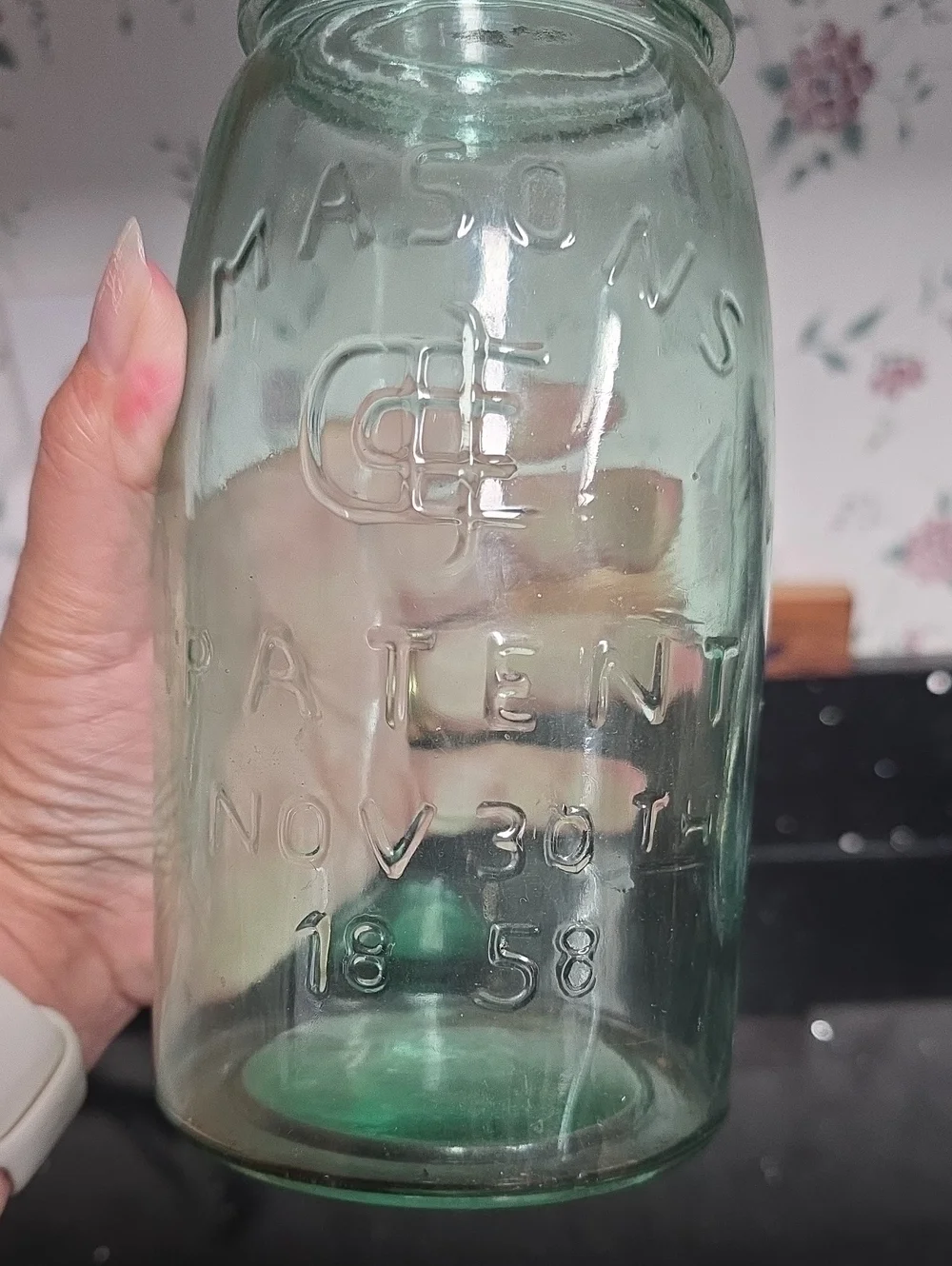 Vintage. Mason Light Aqua Green Embossed Glass Jar-No Cover